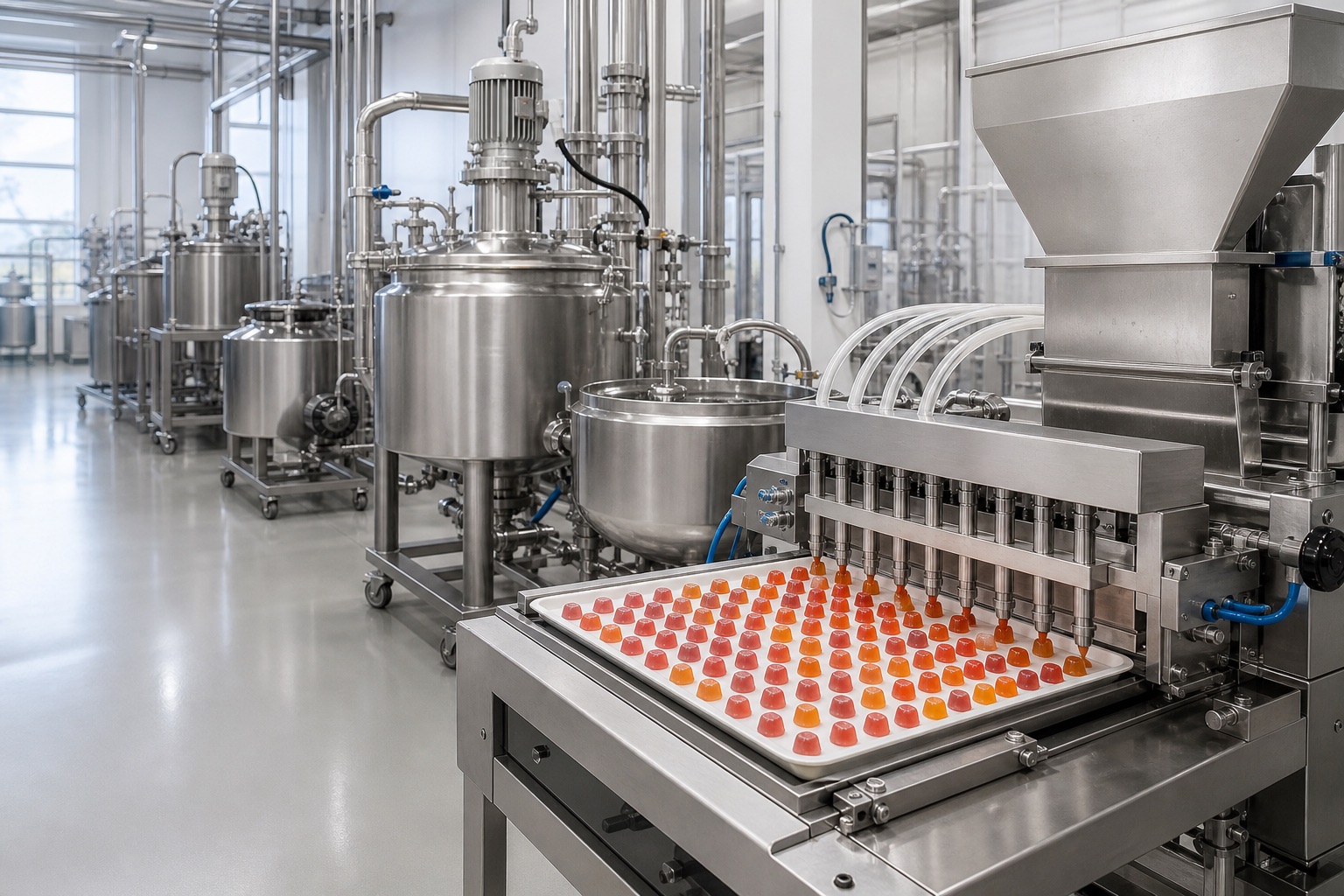 Gummy üretim tesisi için karıştırma, pişirme ve kalıba dolum hattı
